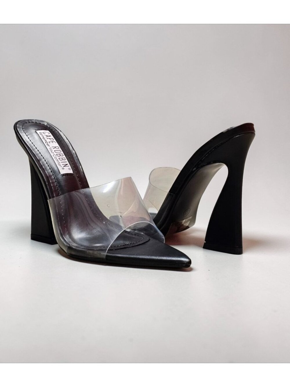 Clear & Black Pointed Toe Mules With Flared Heels